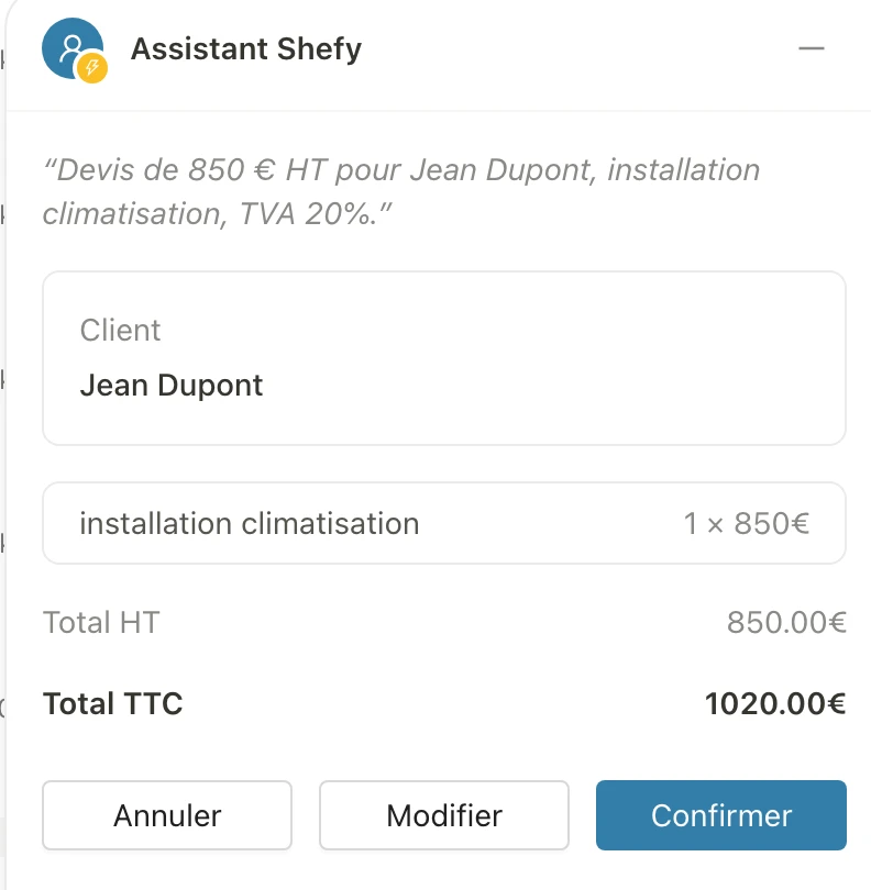 Assistant Shefy : devis préparé et prêt à valider
