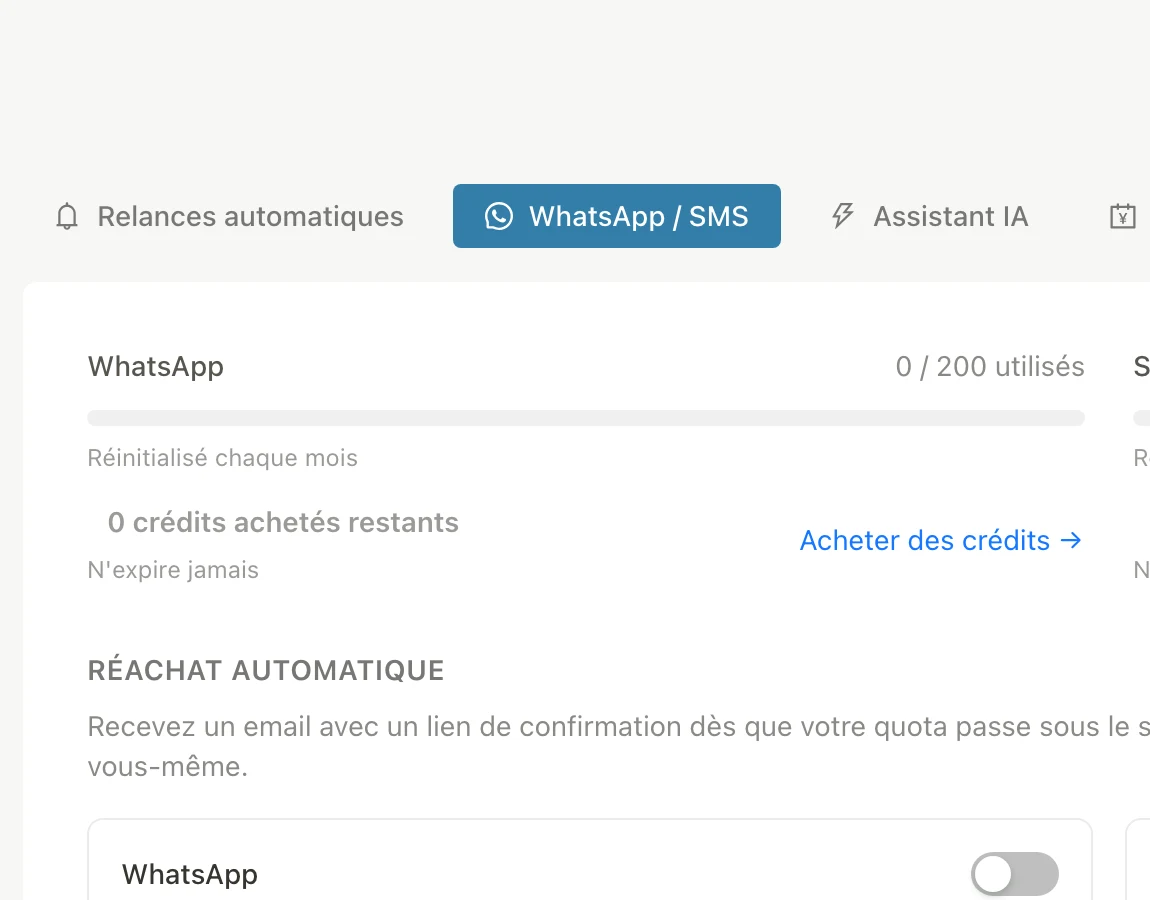Quotas WhatsApp et SMS Shefy