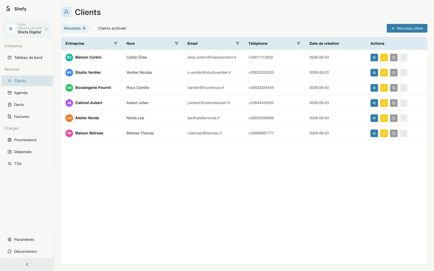 Gestion des clients Shefy
